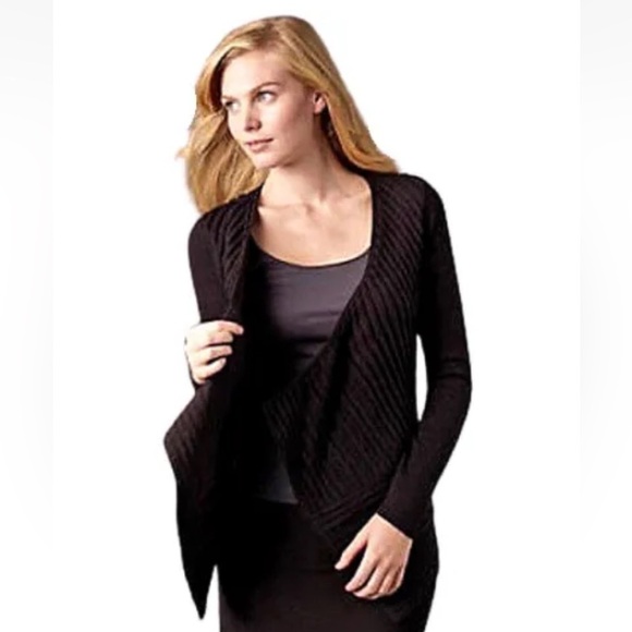 Eileen Fisher Black Felt Ladder Wool Mohair Drape Front Cardigan Size PP - Picture 1 of 10